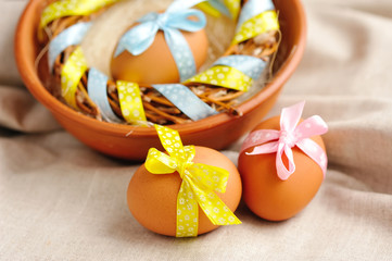 Easter eggs on a linen fabric
