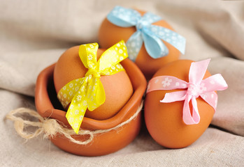 Easter eggs on a linen fabric