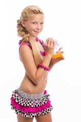 Portrait of young summer girl smiling in swimsuit witn juice. Is
