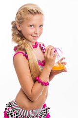 Portrait of young summer girl smiling in swimsuit witn juice. Is