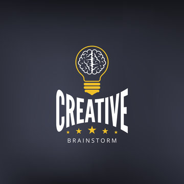 Logo Brain Lamp Bulb Retro Vintage Label design vector template