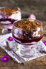 homemade dessert with biscuit crumb,  cream and blueberru jam