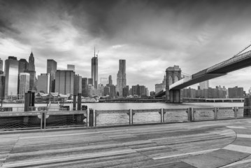 Black and white view of Manhattan from Brooklyn Bridge Park, New