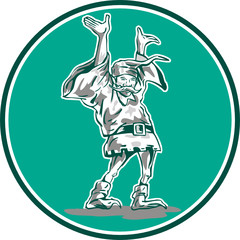 Dwarf Elf Raising Hands Circle Cartoon