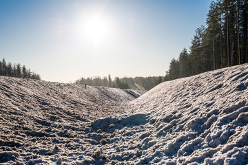 Winter road passing through the forest, the sun rises