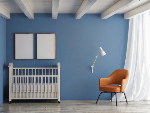 Baby Room, Mock Up Poster On Blue Wall, 3d Illustration