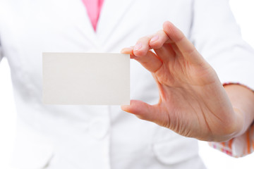 Business card - businesswoman holding blank sign. All isolated