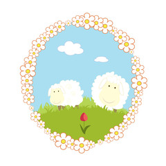 Cartoon sheep and flower grass frame vintage vector illustration
