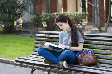Student sitting on wood bench and reading blue book, outdoor.