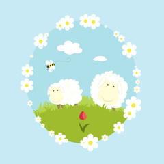 Landscape Sheeps And Bee Cartoon Nature Vector Illustration