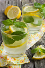 Glass of lemonade with lemon and mint.