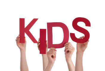 Many People Hands Holding Red Word Kids