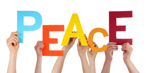Many People Hands Holding Colorful Word Peace