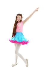 Fototapeta premium Beautiful little girl with headphones, isolated on white