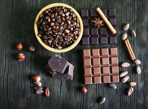 Still life with set of chocolate, spices and coffee grains