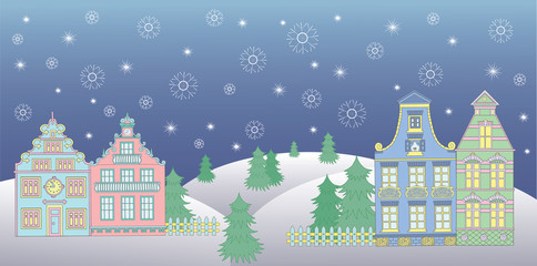 Christmas card with cute houses and snowflakes
