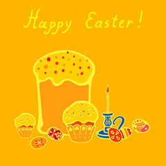 Easter postcard with cakes, candle and colored eggs