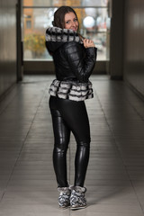 Glamour Fashion Model Wearing Black Winter Jacket