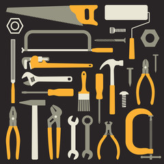 Various hand tools vector silhouette icons on black background - 80490102