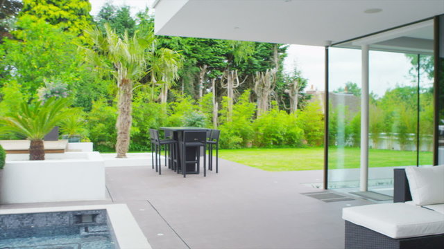 View of the exterior of a luxury contemporary home with no people