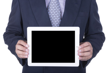 Businessman showing a laptop screen