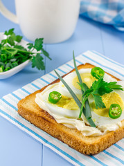 Breakfast sandwich with egg, parsly, green onion, chili pepper