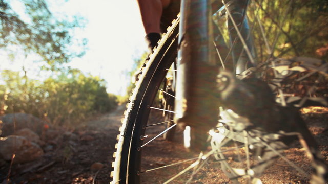 Tire of a mountain bike with good tread outdoors