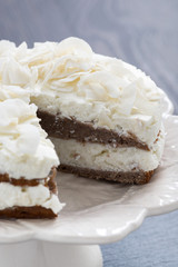 chocolate cake with coconut cream in a cut, vertical