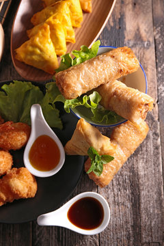 spring roll,samosa and fried shrimp