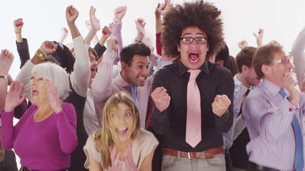 Happy mixed ethnicity group jumping for joy on white background in studio shot - Powered by Adobe