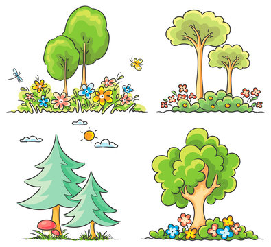 Cartoon Trees with Flowers