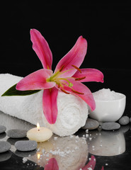 Fototapeta na wymiar Spa feeling with towel ,candle ,salt in bowl , pebbles, pink lily