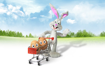 shopping cart with easter eggs and bunny