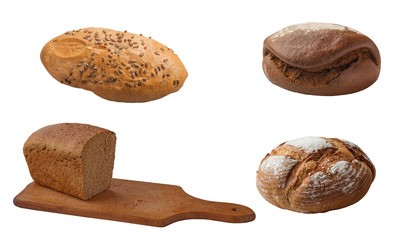 Set of 4 loaves of rye bread on a white background