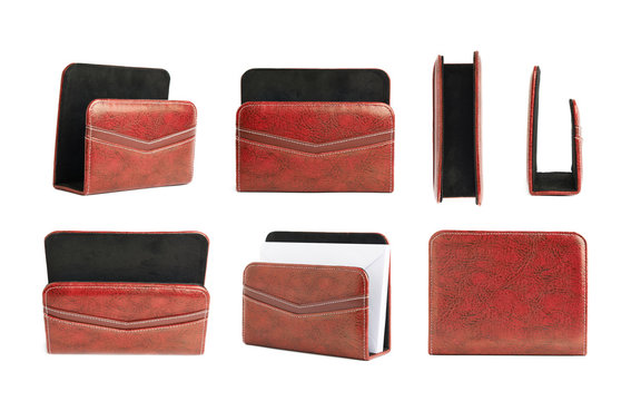 Red leather envelope holder isolated