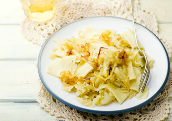 Noodles with stewed cabbage.