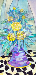 Fototapeta na wymiar Abstract still life. Yellow roses with emerald leaves in purple