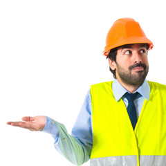 Worker having doubts over white background