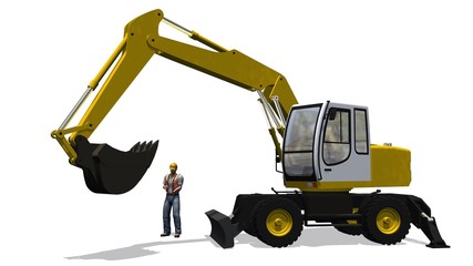 Excavators and construction worker isolated on white background