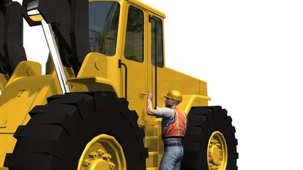 Wheel loader bulldozer and cosntruction worker  isolated