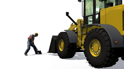 Wheel loader bulldozer and cosntruction worker  isolated