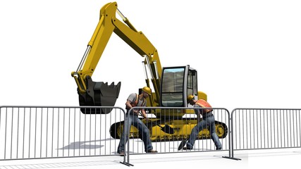 Excavators and construction worker isolated on white background