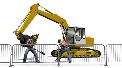 Excavators, construction worker and roadblock white background