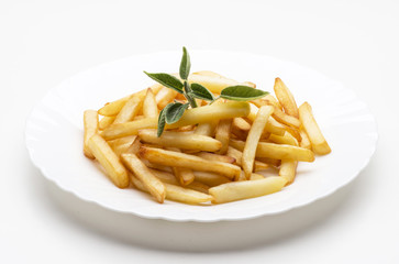 dish with fried potatoes isolated on white background