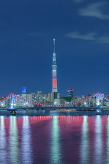 Obraz premium Tokyo city view with Tokyo sky tree and sumida river at twilight