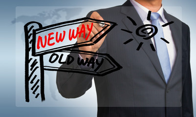 new way or old way signpost hand drawing by businessman
