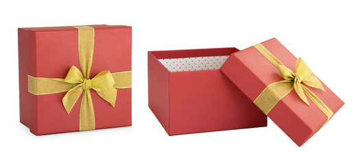 Red gift box with golden ribbon isolated on white background