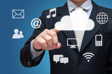 Businessman hand touch cloud computing network isolated