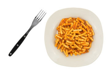 Canned meal on plate with fork