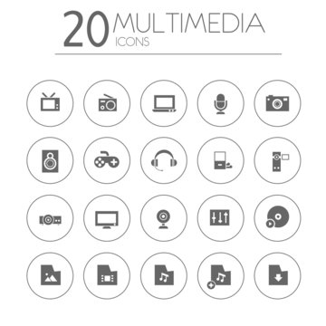 Simple thin multimedia icons collection on white background
